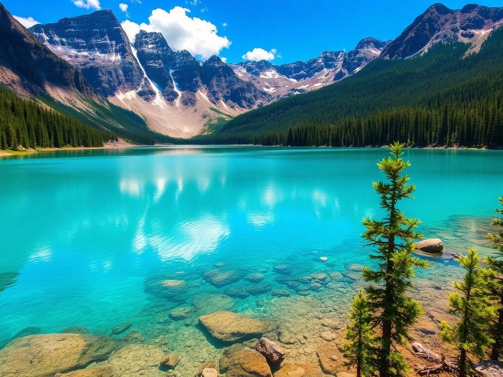 Lac turquoise entouré de montagnes et de forêts au Canada