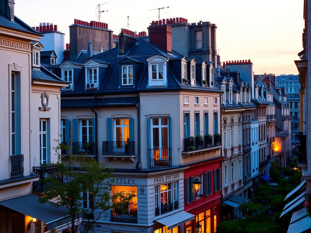 Rue européenne aux façades historiques éclairées au crépuscule